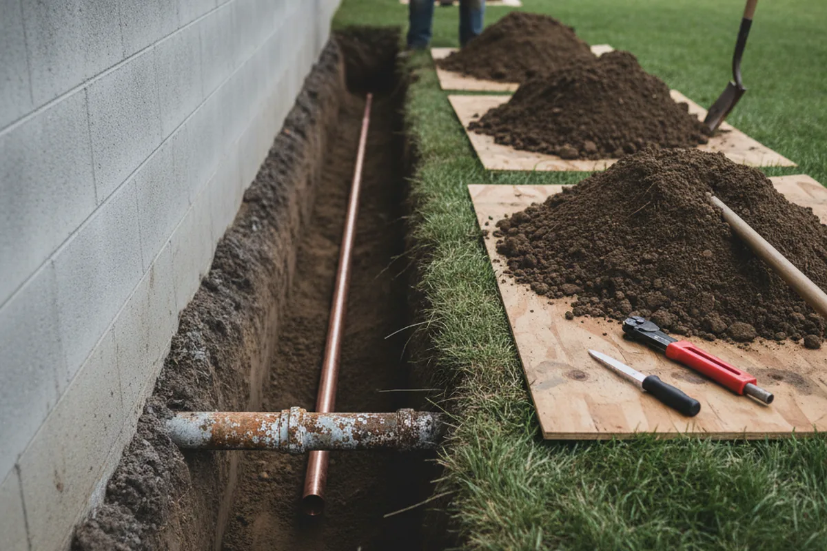 Excavated water line trench during Sewer Line Repair in Palm Coast